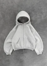 Akimbo Zip Up Hoodie Gray front view with full zip closure and relaxed fit