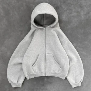 Akimbo Zip Up Hoodie Gray front view with full zip closure and relaxed fit