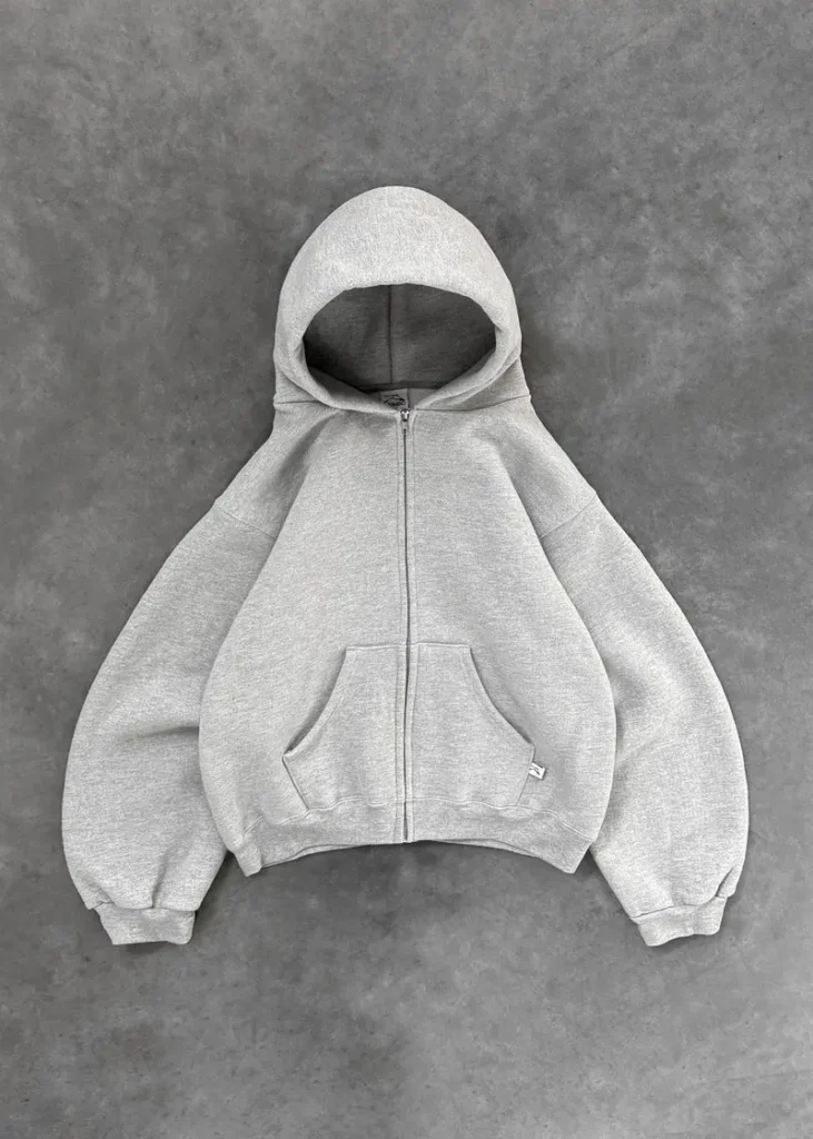 Akimbo Zip Up Hoodie Gray front view with full zip closure and relaxed fit