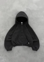 Akimbo Club Zip Up Black front view featuring a heavyweight black zip up hoodie with a relaxed fit