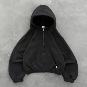 Akimbo Club Zip Up Black front view featuring a heavyweight black zip up hoodie with a relaxed fit
