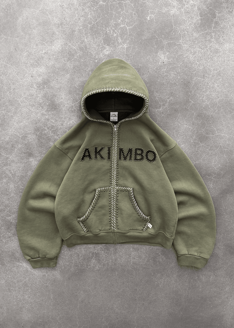 Studded Training Zip-Up Hoodie - OD Green Front Studded Training Zip-Up Hoodie - OD Green front view with full zip closure