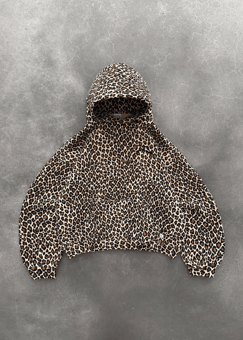 Akimbo Range Hoodie - Leopard front Akimbo Range Hoodie - Leopard front view showing hood and chest design