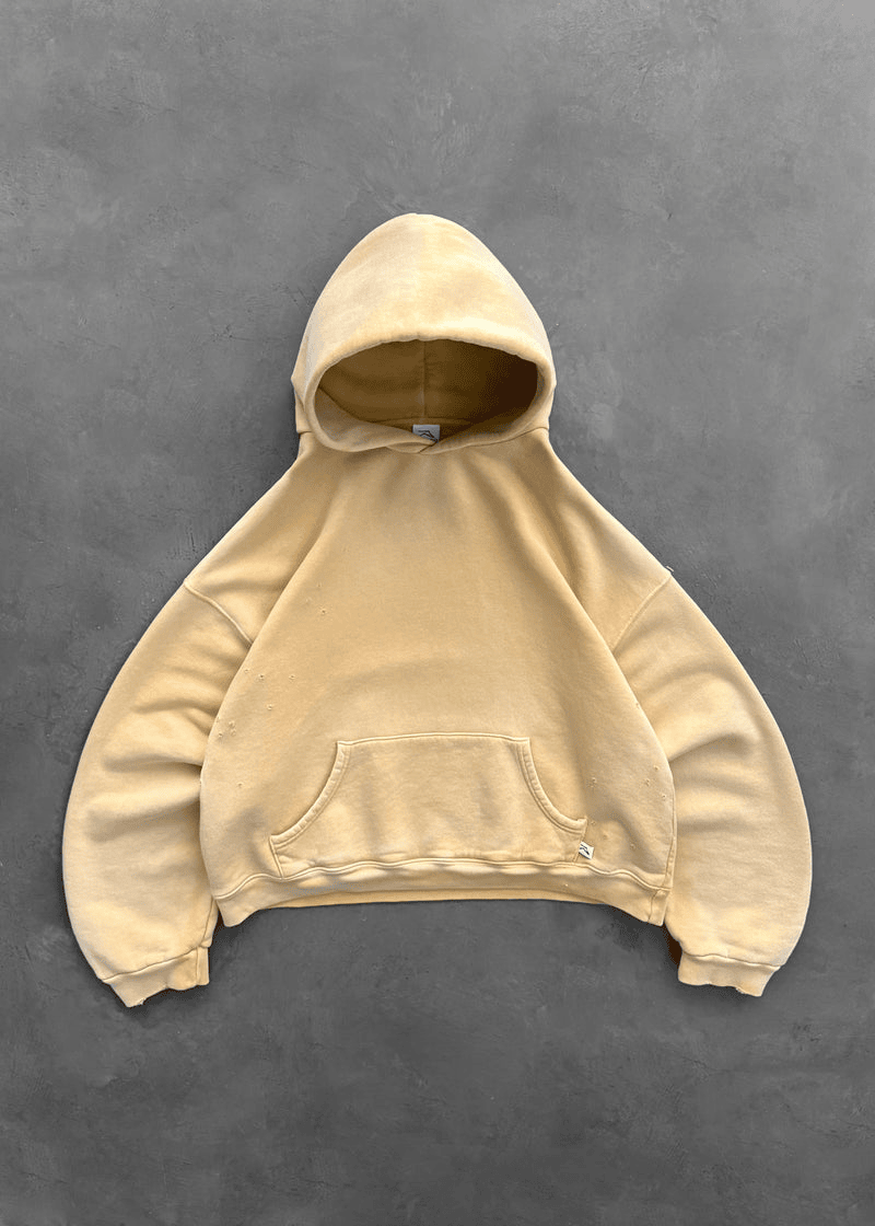 Akimbo Hoodie- Sun Faded Yellow front Akimbo Hoodie- Sun Faded Yellow front view showing hood and chest area
