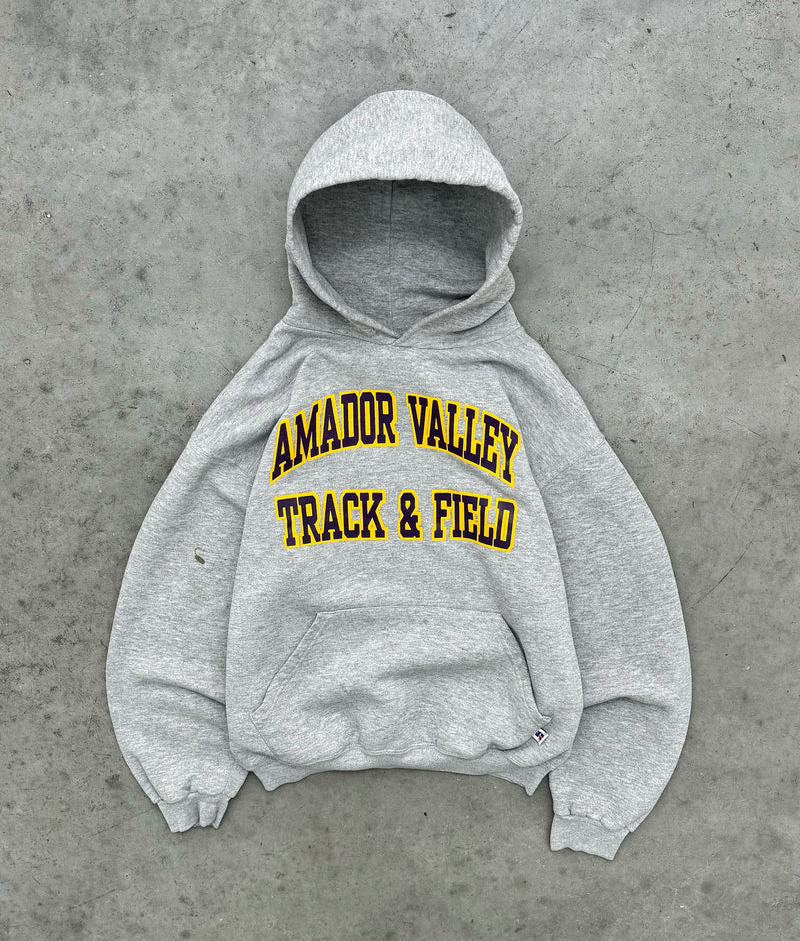 Akimbo Track And Field Heather Grey Russell Hoodie-1990s Front Akimbo Track And Field Heather Grey Russell Hoodie-1990s front view