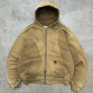 Akimbo Sun Faded Olive Distressed Zip Up Hoodie-2000s front view