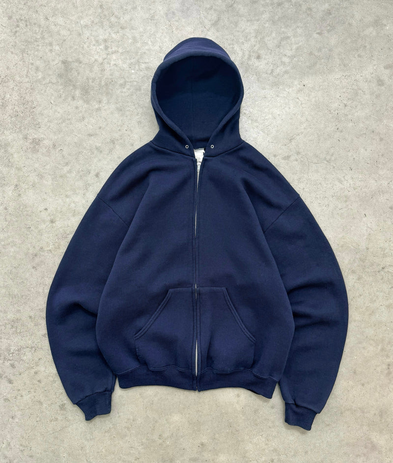 Akimbo Faded Navy Blue Zip Up Hoodie-1990s Front Akimbo Faded Navy Blue Zip Up Hoodie-1990s front view