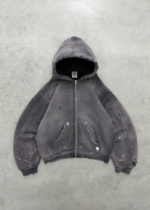 AKIMBO "WATCH-PEEKER" Distressed Zip Up Hoodie Sun Faded Black front