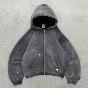 AKIMBO "WATCH-PEEKER" Distressed Zip Up Hoodie Sun Faded Black front