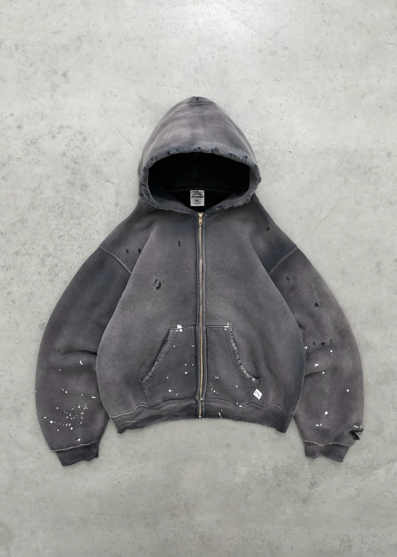 AKIMBO WATCH-PEEKER Distressed Zip Up Hoodie - Sun Faded Black Front AKIMBO "WATCH-PEEKER" Distressed Zip Up Hoodie Sun Faded Black front