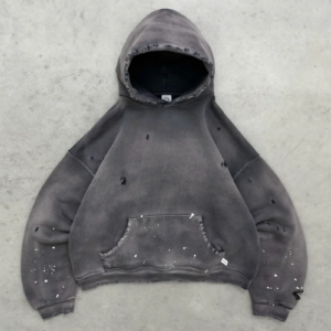 AKIMBO WATCH-PEEKER Distressed Hoodie Sun Faded Black front view